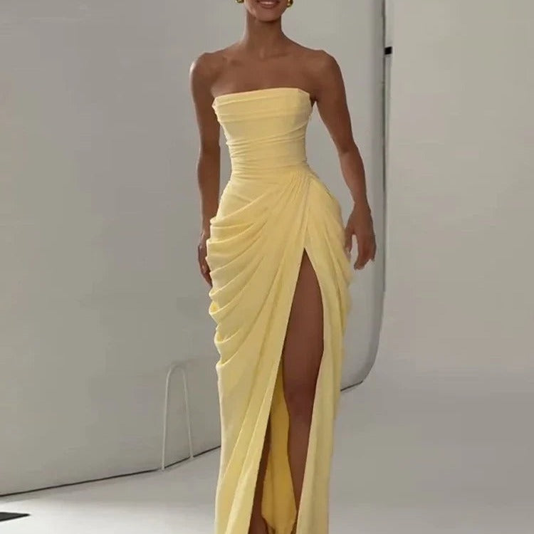 Draped High-Slit Evening Maxi Dress