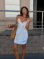 Pale Blue Lace Trim Satin-Look Maxi Slip Dress