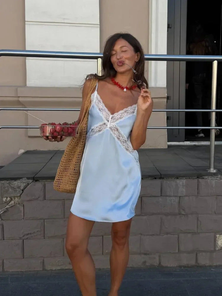 Pale Blue Lace Trim Satin-Look Maxi Slip Dress