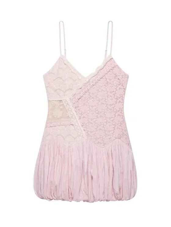 Pale Pink Lace Bubble Hem Mini Dress