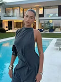Ruched Halter Asymmetrical Maxi Dress