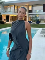 Ruched Halter Asymmetrical Maxi Dress