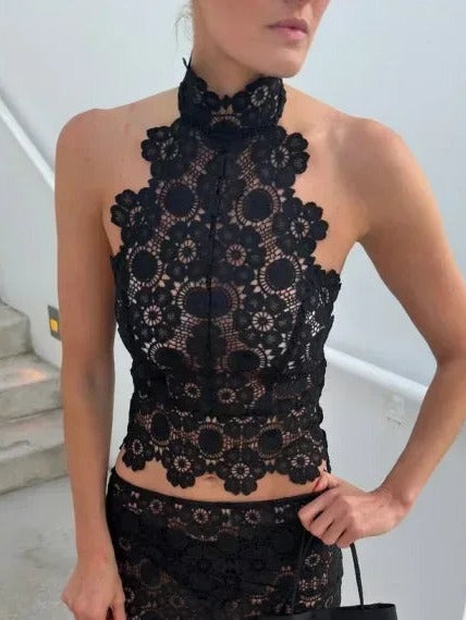 Floral Lace Halter Midi Skirt Set