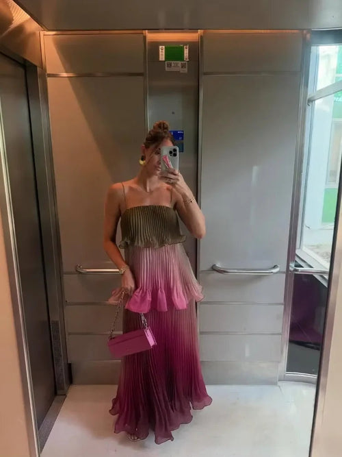 Colour-Block Pleated Ruffle Maxi Dress