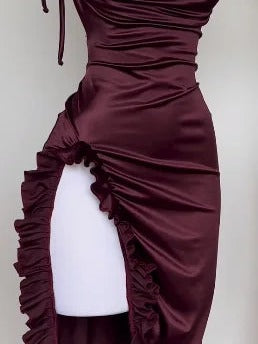 Ruched Cowl Neck Open-Back Cutout Maxi Dress