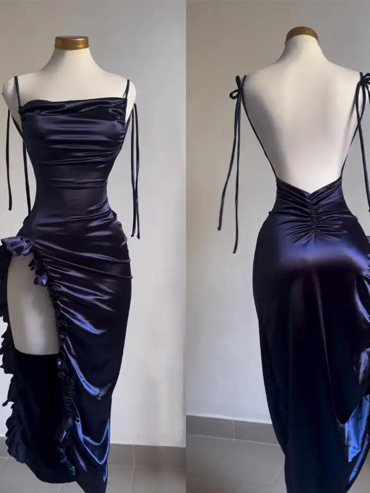 Ruched Cowl Neck Open-Back Cutout Maxi Dress