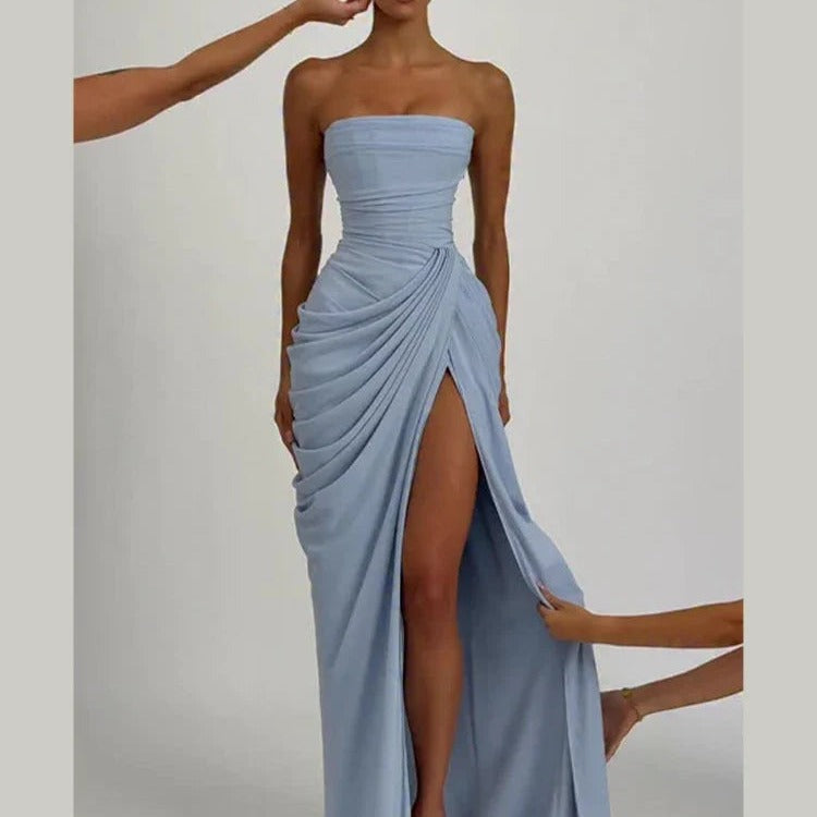 Draped High-Slit Evening Maxi Dress