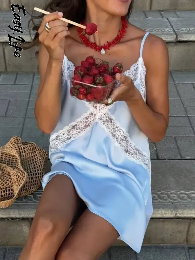 Pale Blue Lace Trim Satin-Look Maxi Slip Dress