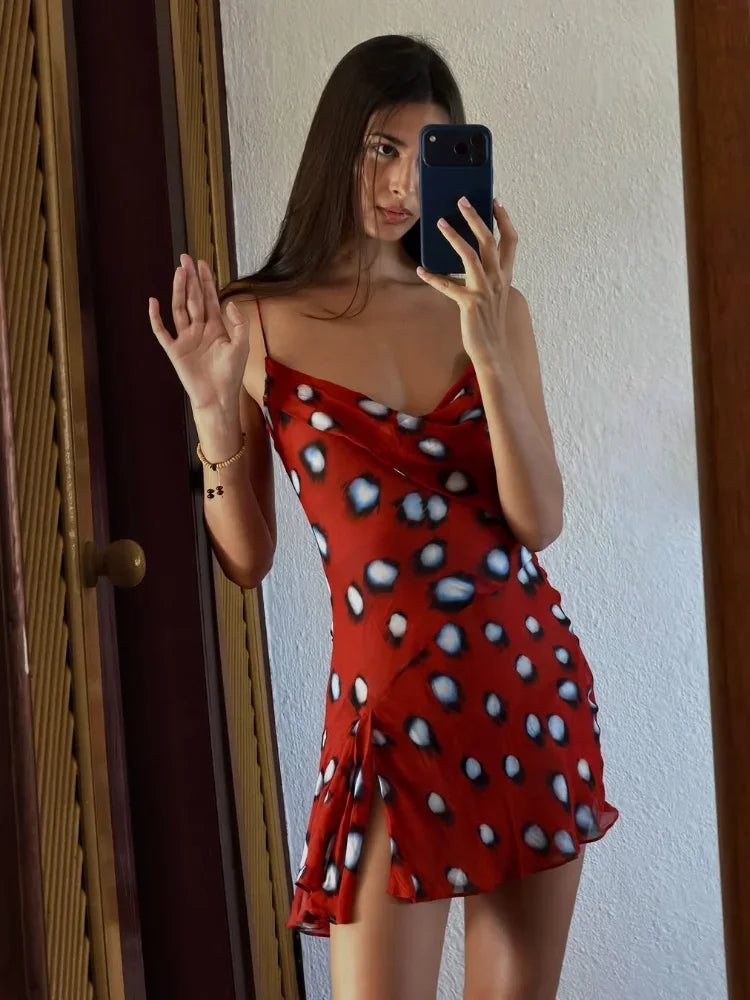 Red Ruched Polka Dot Mini Dress