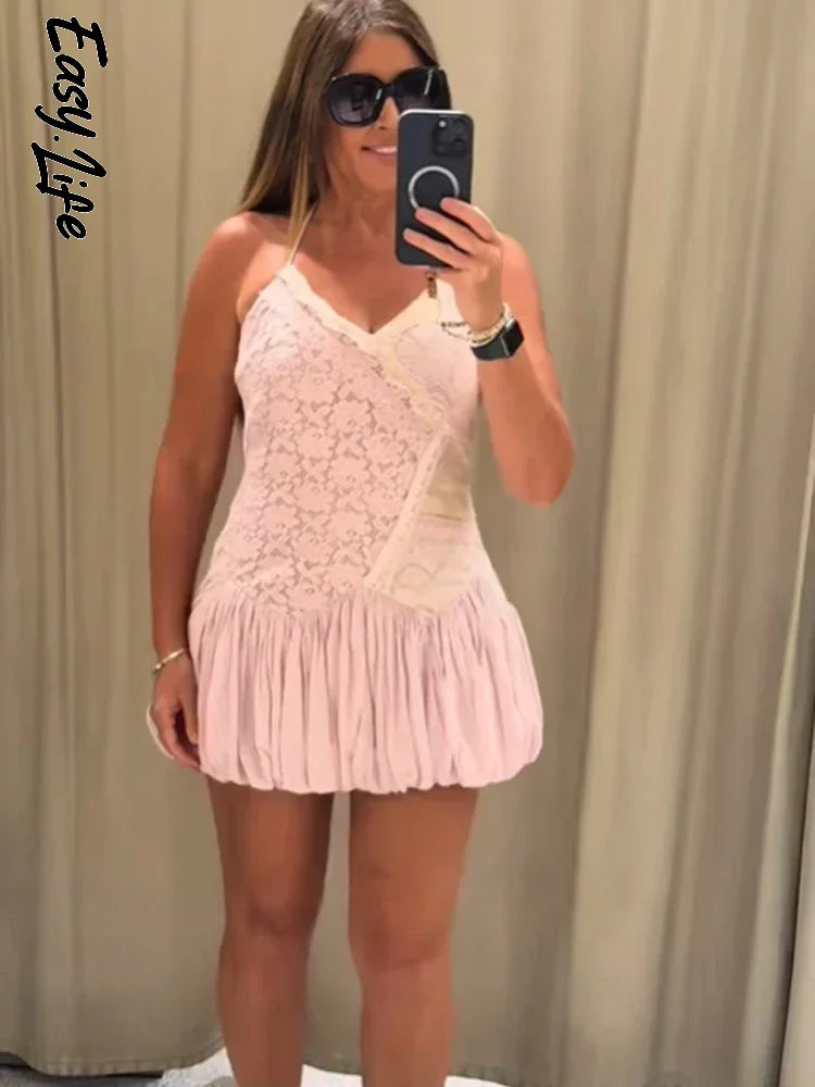 Pale Pink Lace Bubble Hem Mini Dress