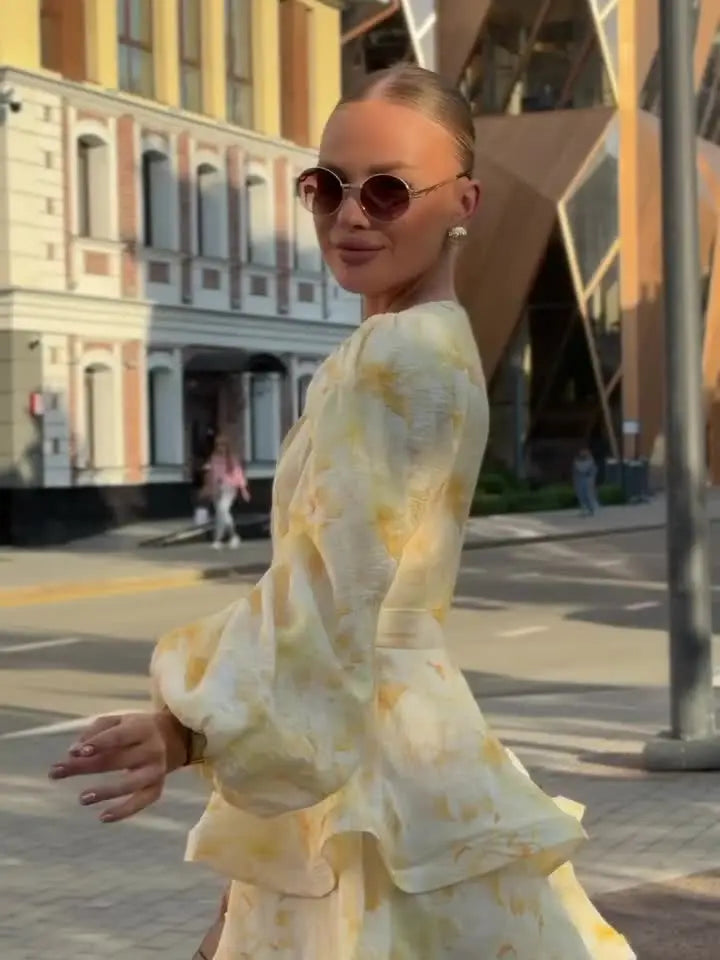 Floral V-Neck Puff Sleeve Mini Dress
