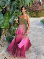 Colour-Block Pleated Ruffle Maxi Dress