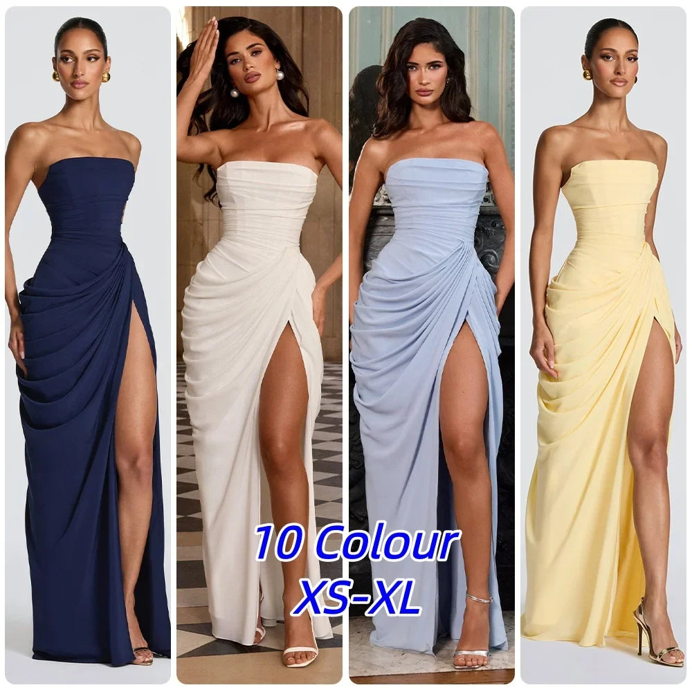 Draped High-Slit Evening Maxi Dress