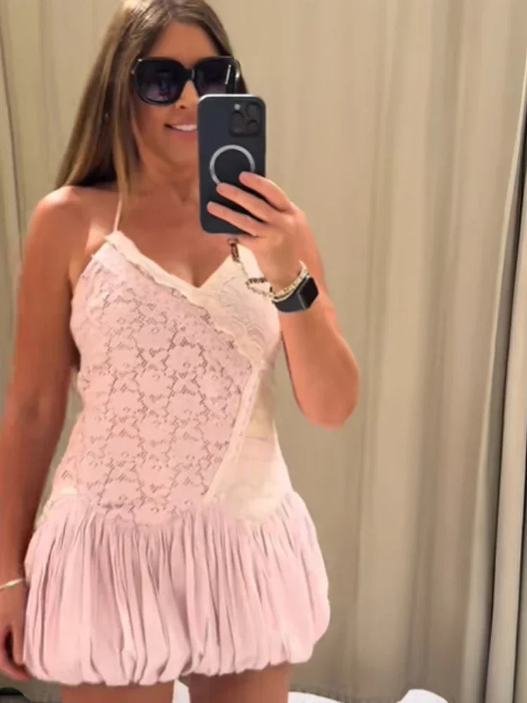 Pale Pink Lace Bubble Hem Mini Dress
