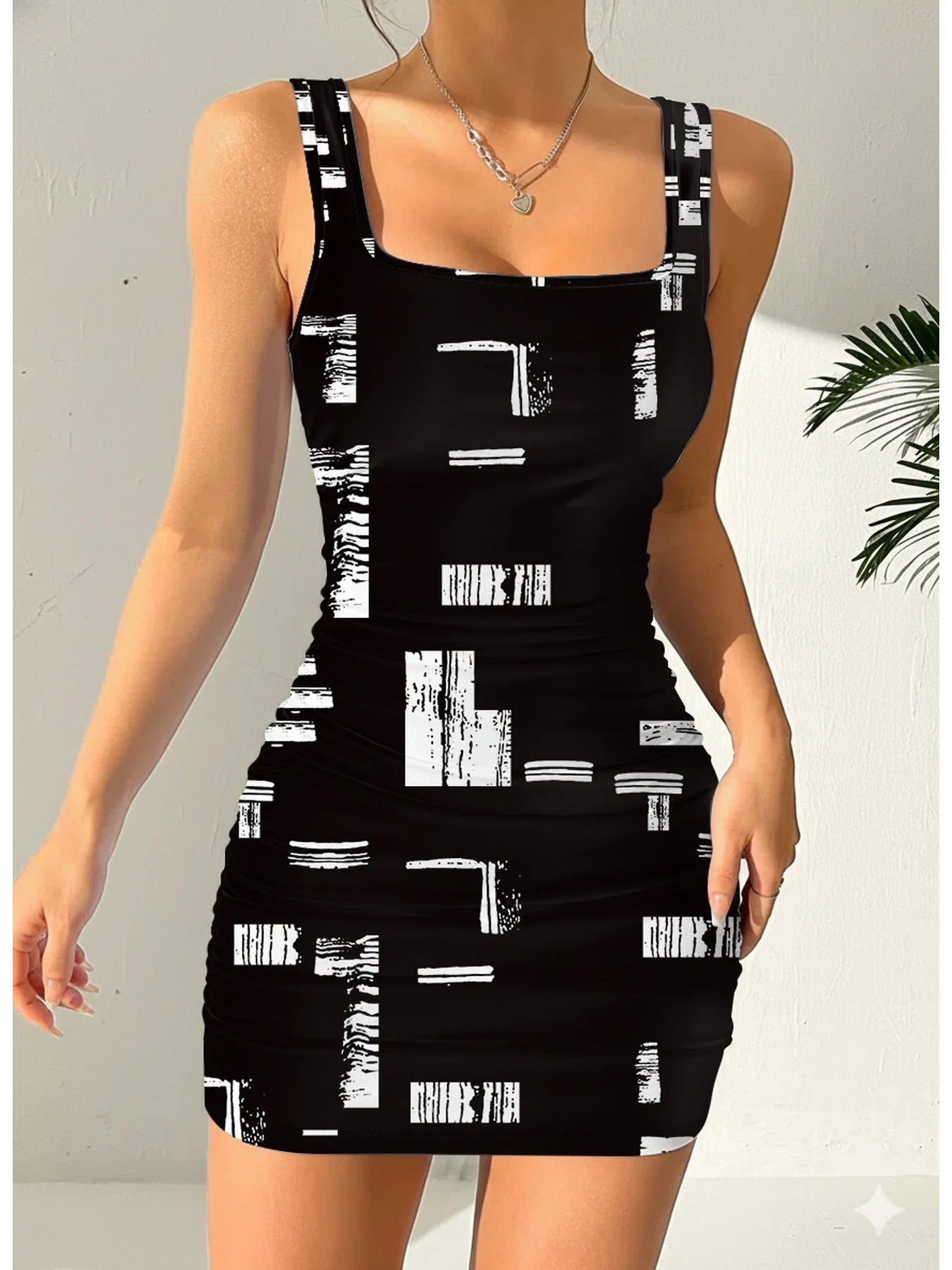 Geometric Square Neck Mini Dress