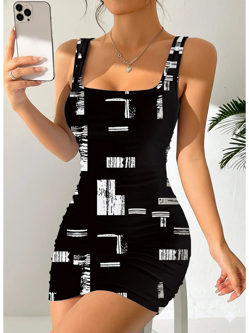 Geometric Square Neck Mini Dress