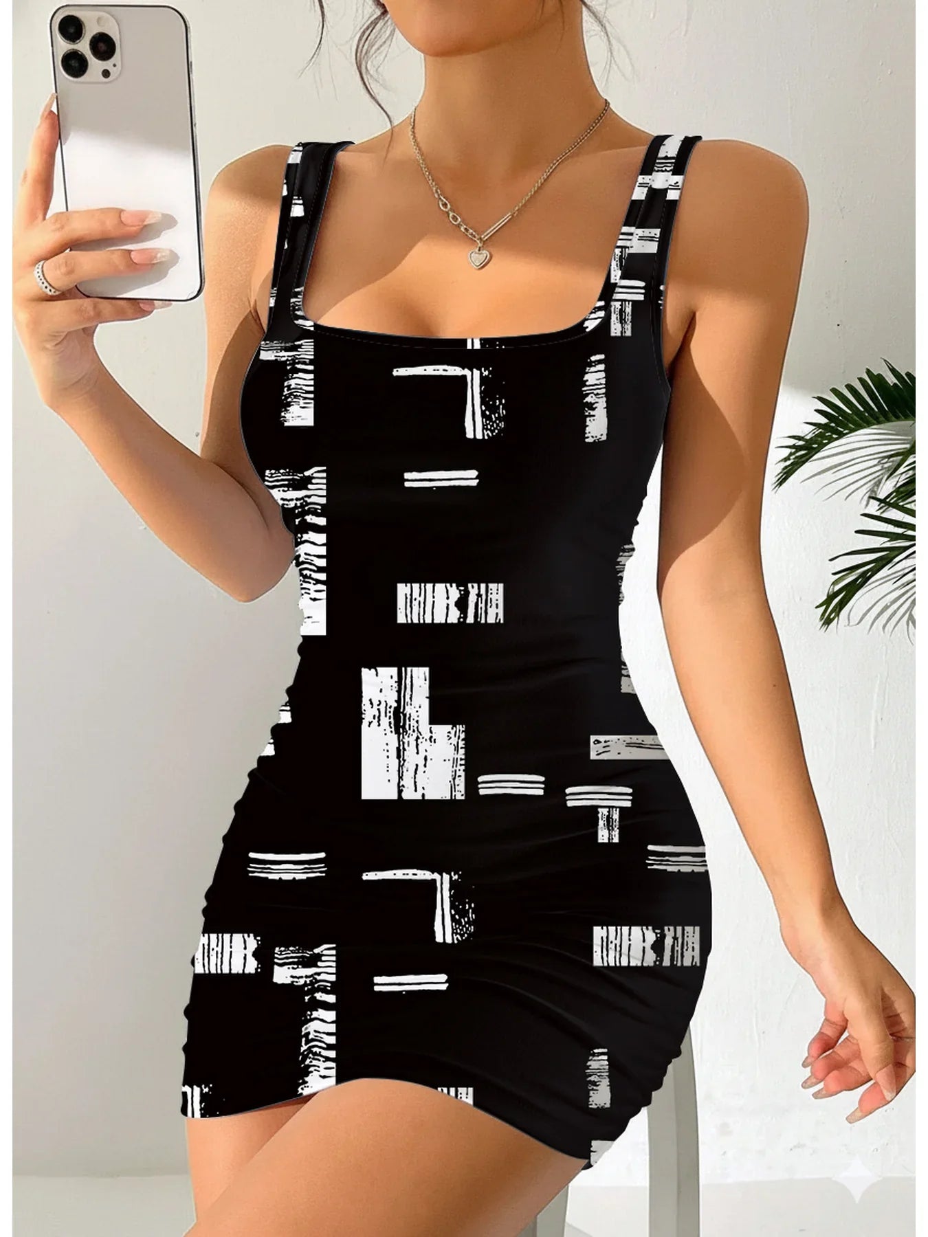 Geometric Square Neck Mini Dress