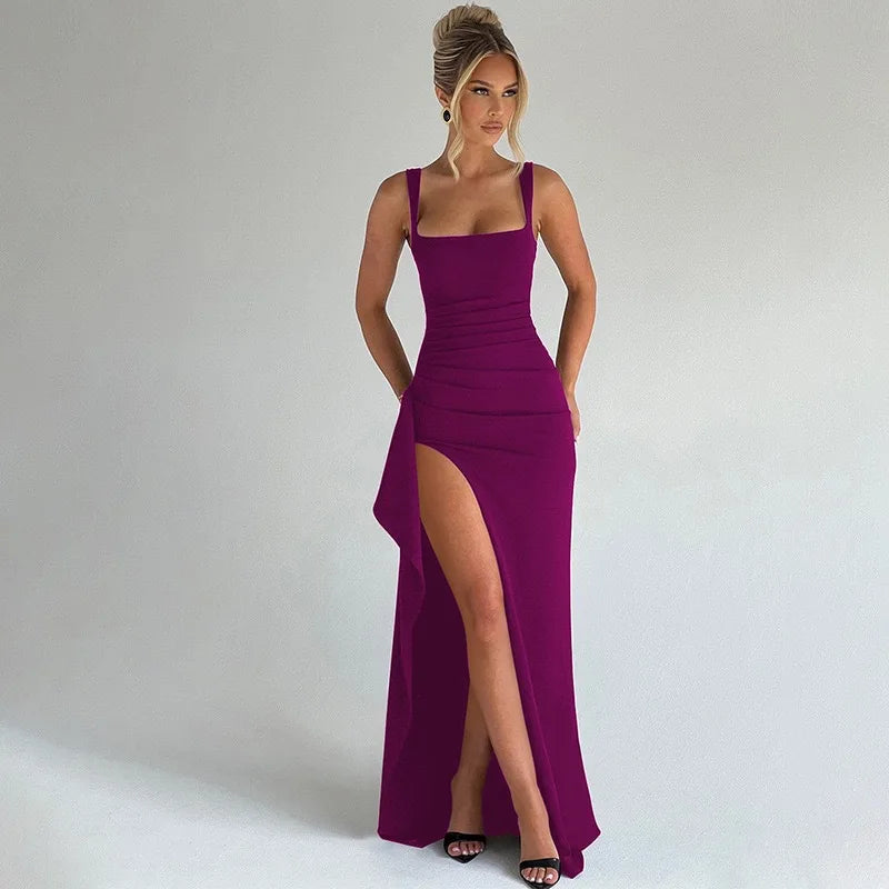 Draped High-Slit Evening Maxi Dress
