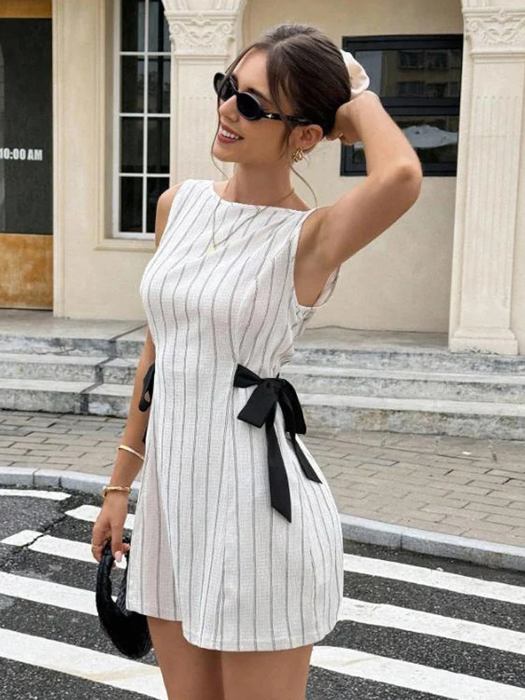 Side Bow Stripe Mini Dress