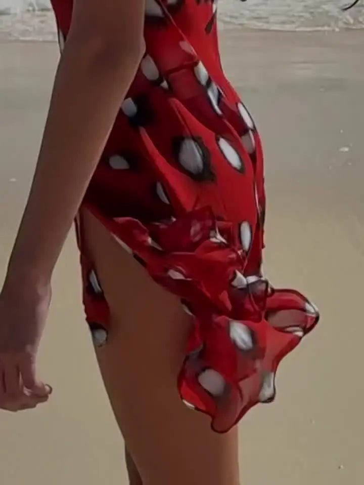 Red Ruched Polka Dot Mini Dress