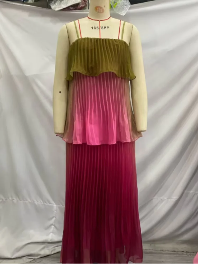Colour-Block Pleated Ruffle Maxi Dress