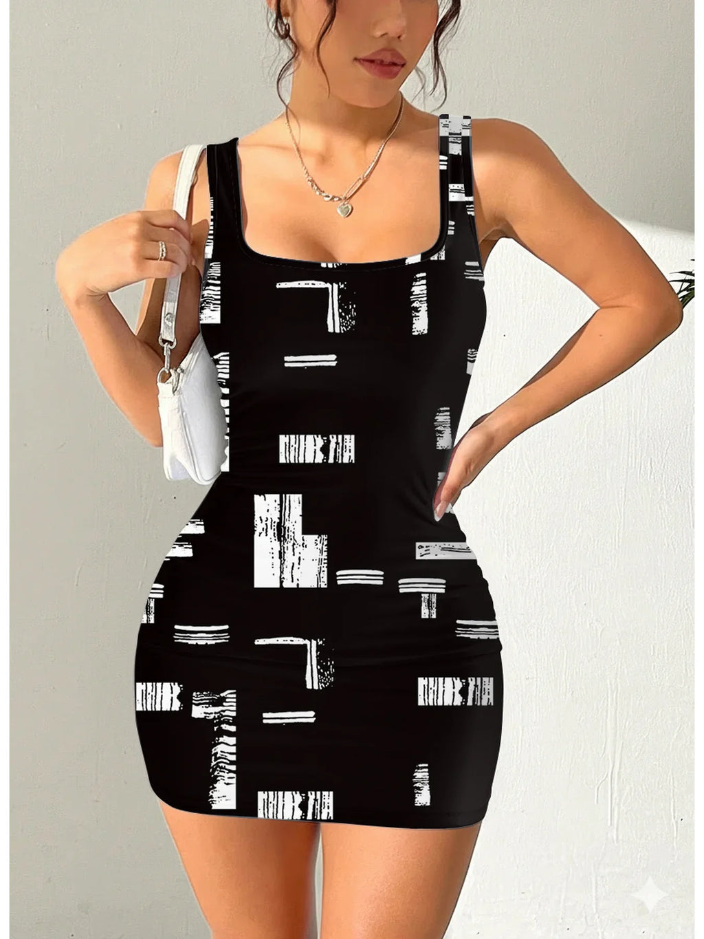 Geometric Square Neck Mini Dress