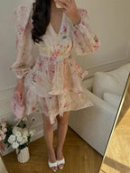 Floral V-Neck Puff Sleeve Mini Dress