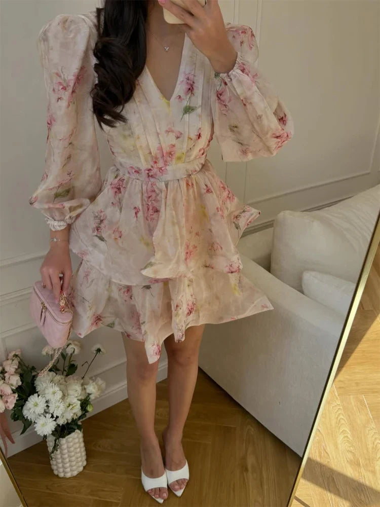 Floral V-Neck Puff Sleeve Mini Dress