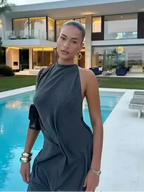 Ruched Halter Asymmetrical Maxi Dress