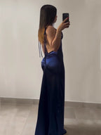 Ruched Cowl Neck Open-Back Cutout Maxi Dress