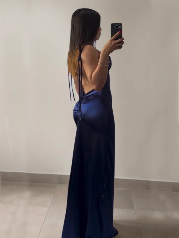 Ruched Cowl Neck Open-Back Cutout Maxi Dress