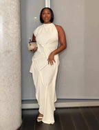 Ruched Halter Asymmetrical Maxi Dress