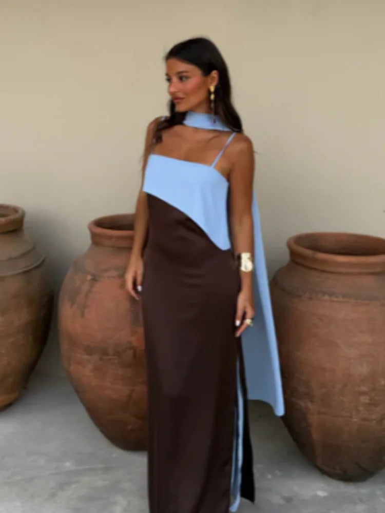 Colour-Block Pleated Ruffle Maxi Dress