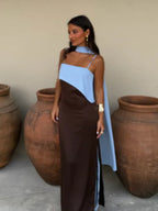 Colour-Block Pleated Ruffle Maxi Dress