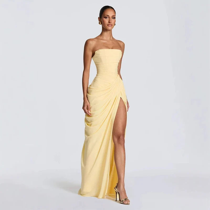 Draped High-Slit Evening Maxi Dress