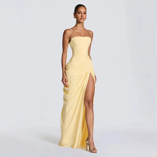 Draped High-Slit Evening Maxi Dress