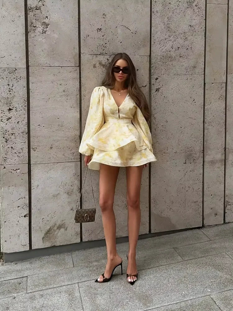 Floral V-Neck Puff Sleeve Mini Dress