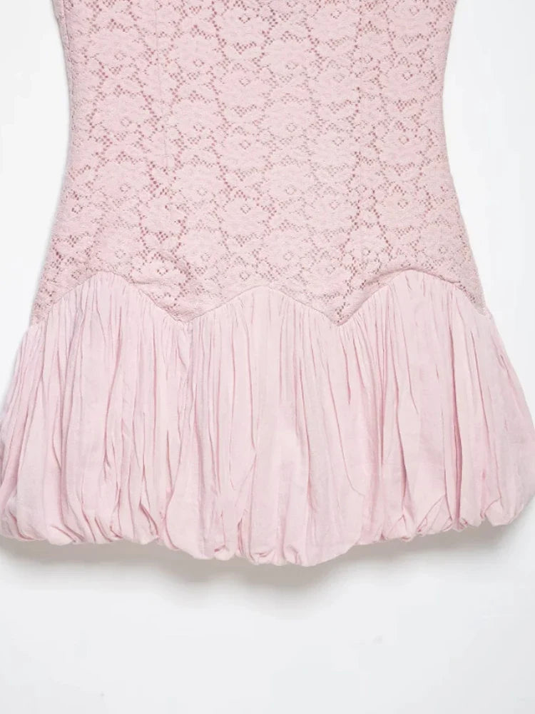 Pale Pink Lace Bubble Hem Mini Dress