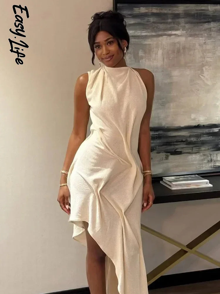 Ruched Halter Asymmetrical Maxi Dress