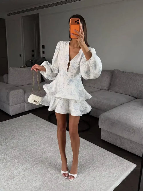 Floral V-Neck Puff Sleeve Mini Dress