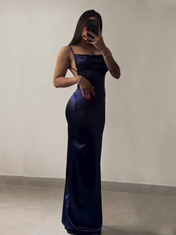 Ruched Cowl Neck Open-Back Cutout Maxi Dress