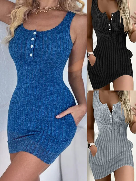 Ribbed Button Front Mini Dress