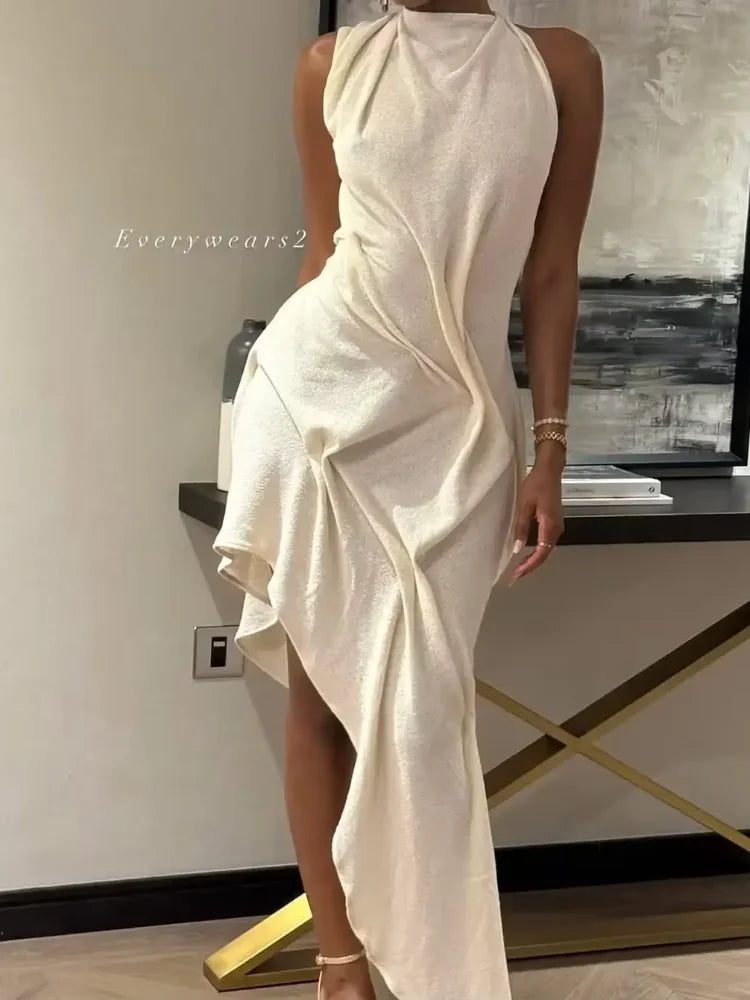 Ruched Halter Asymmetrical Maxi Dress