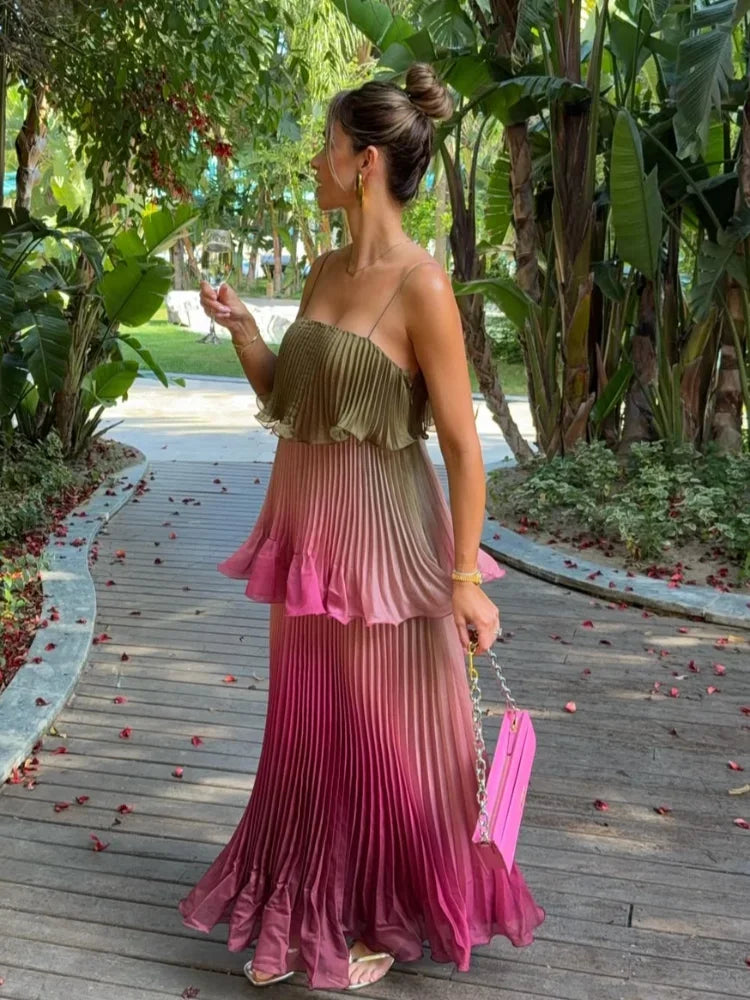Colour-Block Pleated Ruffle Maxi Dress