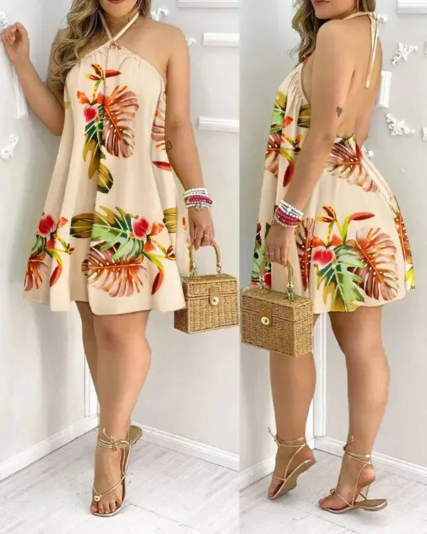 Tropical Print Halter Mini Dress