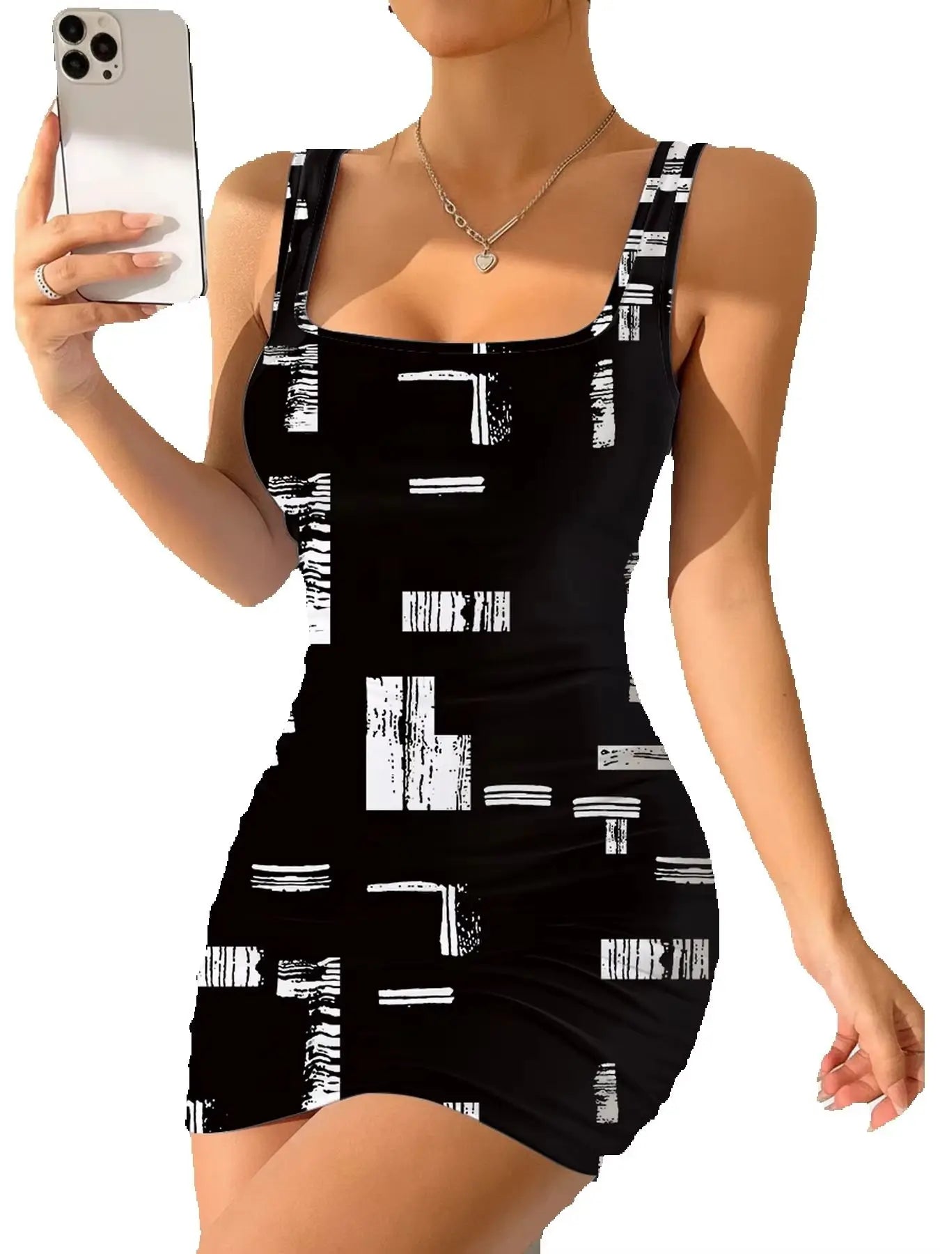 Geometric Square Neck Mini Dress