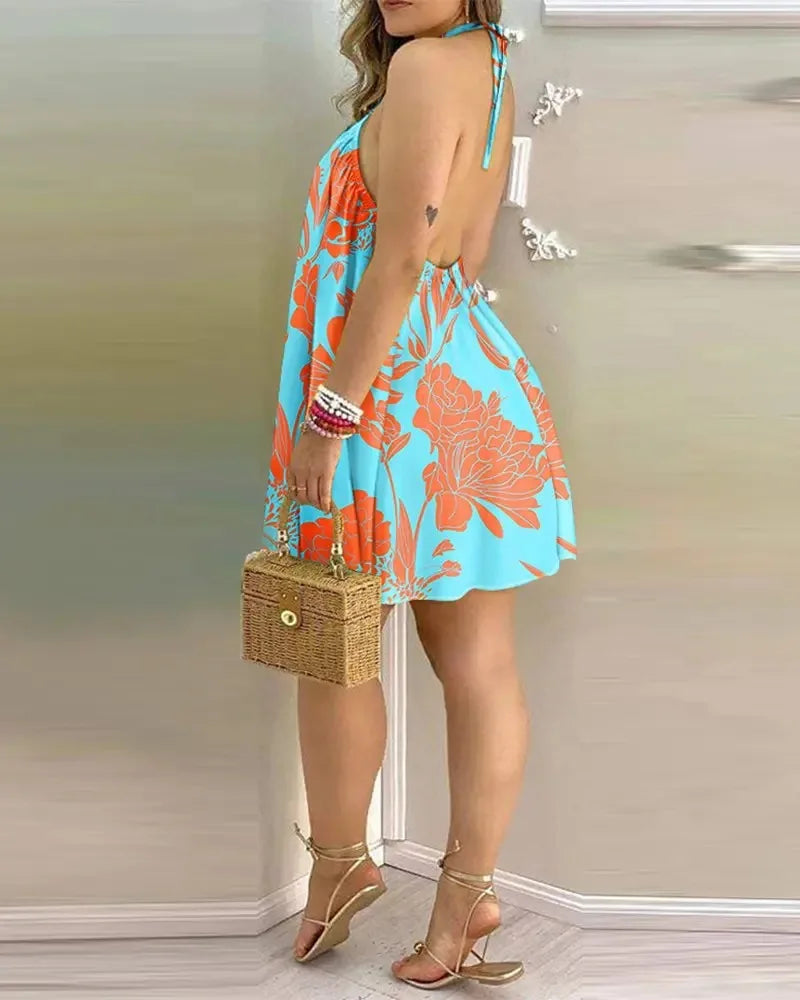 Tropical Print Halter Mini Dress