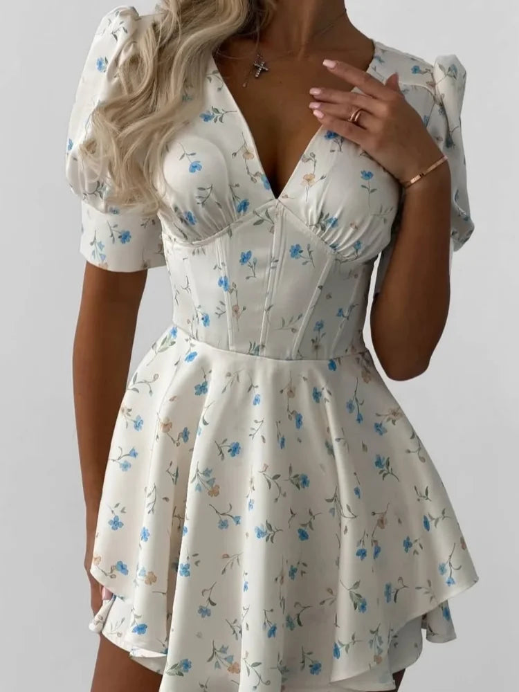 Floral V-Neck Puff Sleeve Mini Dress