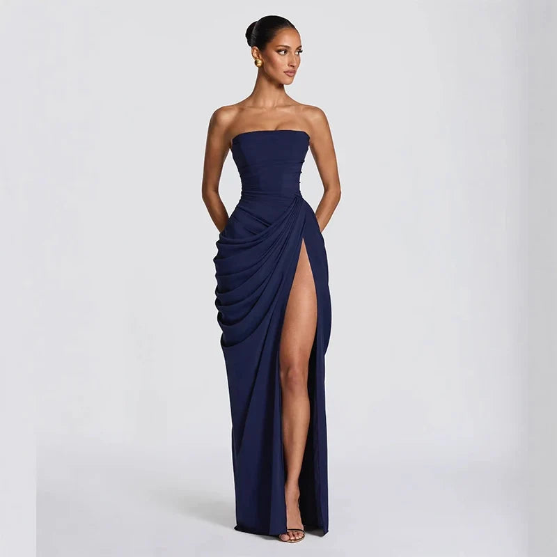 Draped High-Slit Evening Maxi Dress