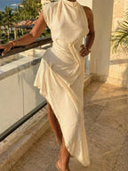 Ruched Halter Asymmetrical Maxi Dress